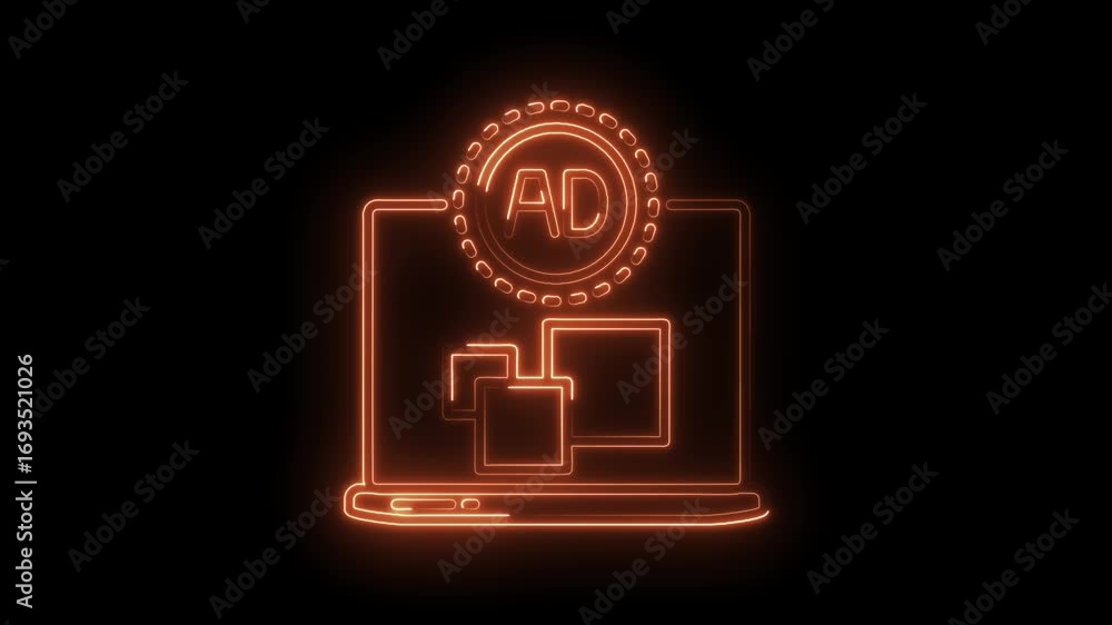 Poster glowing neon outline of a laptop displaying advertisement with animation of open windows