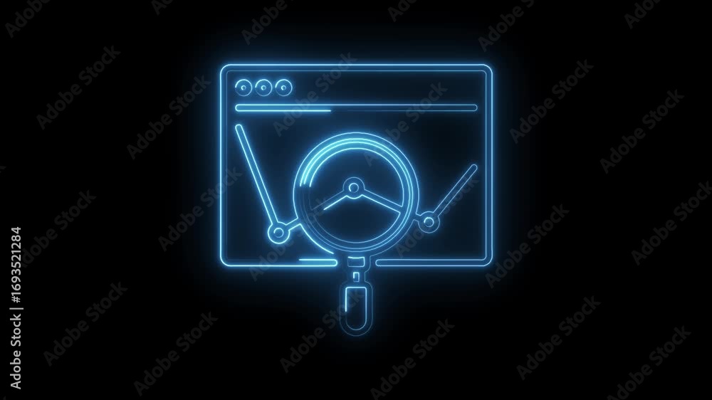 Aufkleber neon style web analytics interface with graph and magnifying glass on black background