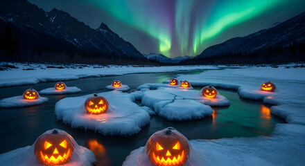 Halloween pumpkins on ice floes under the aurora borealis in a mountain landscape at night time