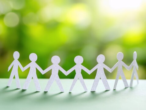 紙で作られた人型が手をつなぎ連なるコミュニティとつながりの象徴
