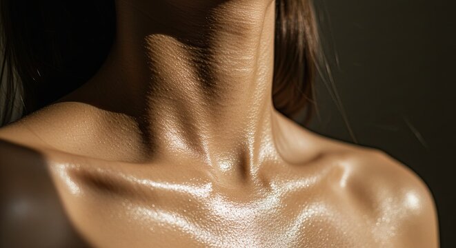 Female Neck and Shoulders, Shiny Skin in Soft Light, Sensual Portrait