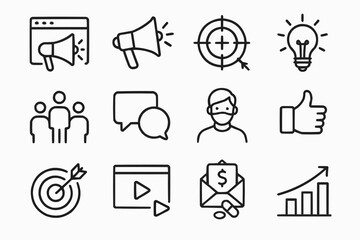 Marketing and business icons in black line style on white grid