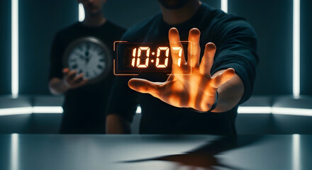 Man's hand touches futuristic digital clock displaying 10:07, time management concept