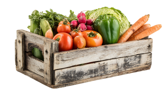 Fresh vegetables packed in a rustic wooden crate on white background.