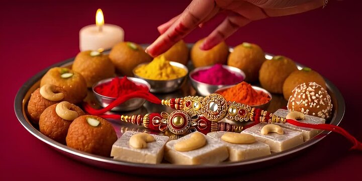 Traditional Indian Sweets and Rakhi on Silver Plate with Candle and Vibrant Colored Powders on Dark Red Background For Celebration