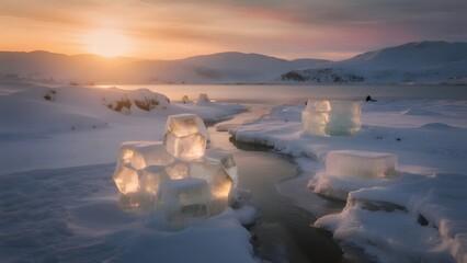 Winter landscape at sunset with ice formations on a frozen lake and snowcovered hills in the background, creating a serene and cold atmosphere