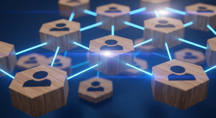 Connected people network visualized with glowing blue lines between wooden hexagon icons