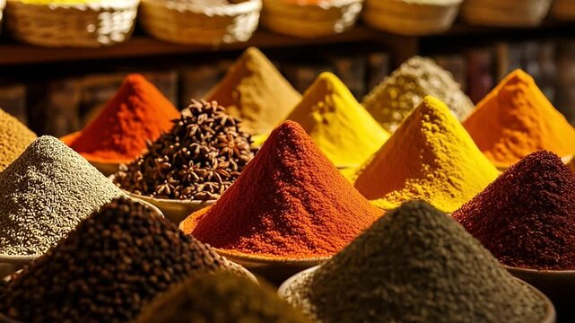 Variety of Colorful Spices in Bowls Displayed in Market Stall Baskets Rack with Warm Lighting
