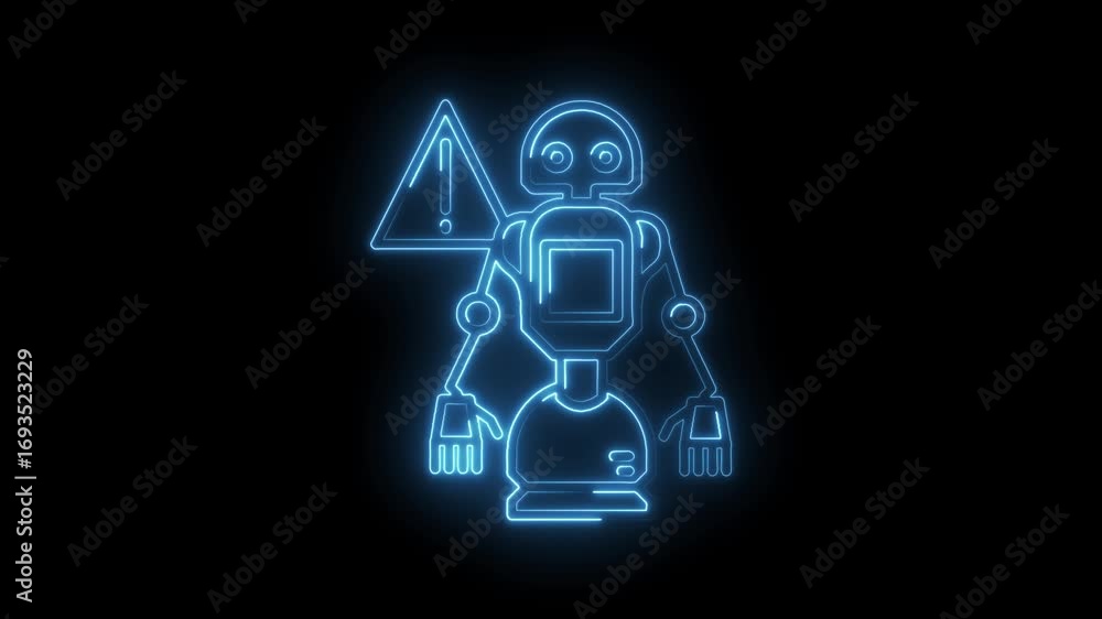Poster neon glowing robot error symbol on black background artificial intelligence malfunction animation