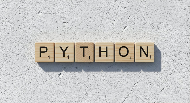 Python programming language spelled with wooden tiles on textured background