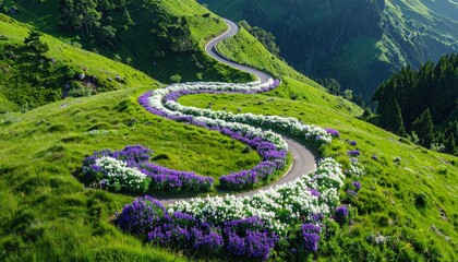 A winding mountain road is framed by vibrant purple and white flowers, creating a picturesque scene of natural beauty.