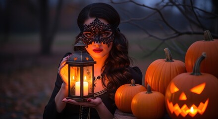 Naklejka premium Elegant woman with mask and pumpkins holding lantern for festive Halloween night