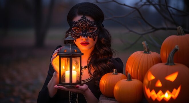 Elegant woman with mask and pumpkins holding lantern for festive Halloween night