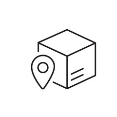 A vector icon of a shipping box with a location marker, representing geolocation-based parcel delivery, created in line style with editable stroke