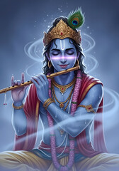 Fototapeta premium Lord Krishna playing flute with peacock feather crown, divine peaceful art