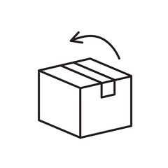 A vector icon of a parcel box with a curved return arrow, representing product return in logistics, created in line style with editable stroke