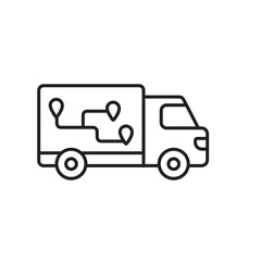 A vector icon of a delivery truck with route points, representing route-based shipping, created in line style with editable stroke