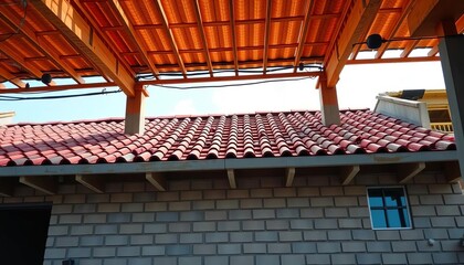 Obraz premium New building under construction, ceramic roof tiles visible, orange, brick