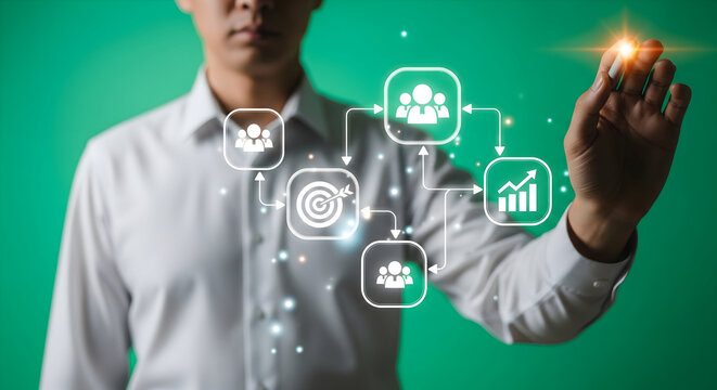 Businessman strategically plans business growth and team collaboration with digital interface - Powered by Adobe