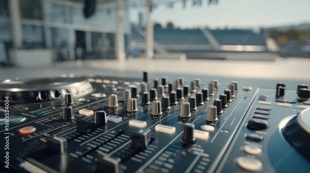 Poster a close-up view of a professional dj mixer, showcasing various knobs and buttons, set against a blur