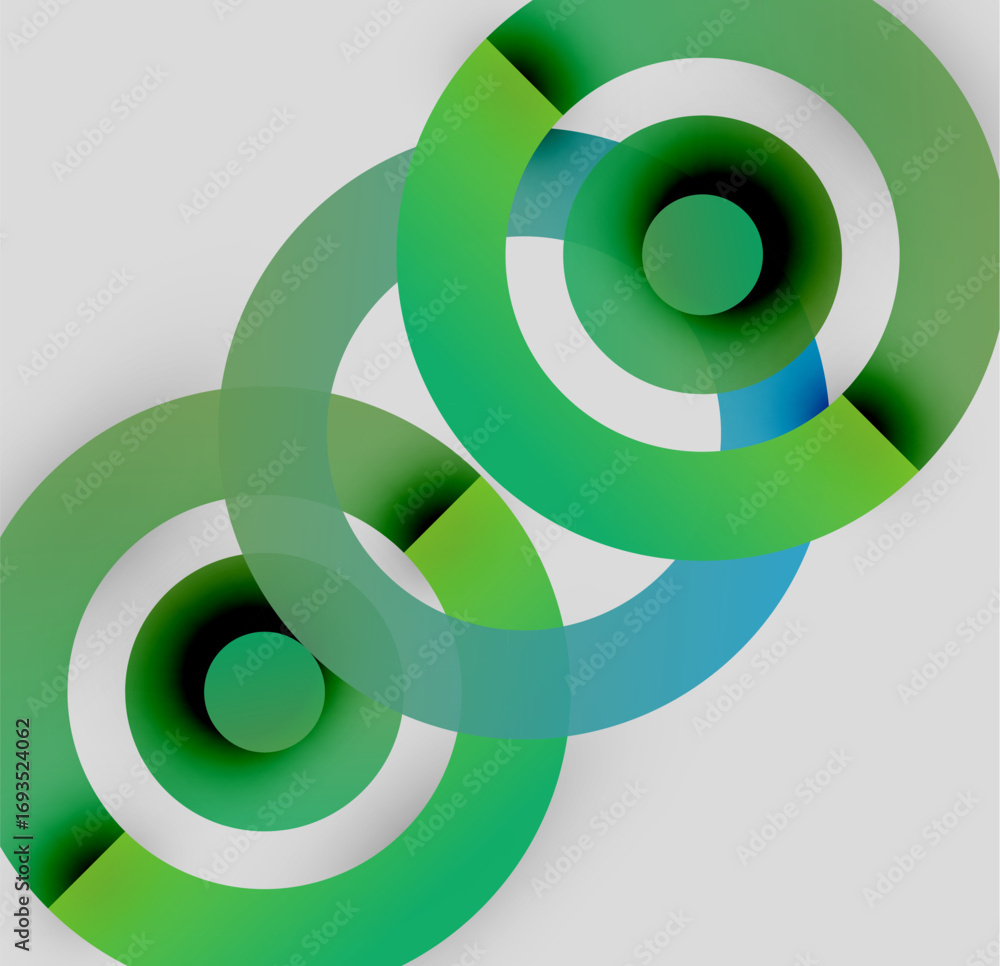 Poster Abstract design features overlapping circles. Green, blue, white hues create dynamic visual effect. Modern, minimalist composition.