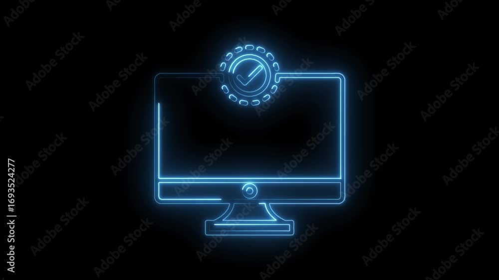 Poster Neon computer with check mark icon represents confirmation and approval process in technology