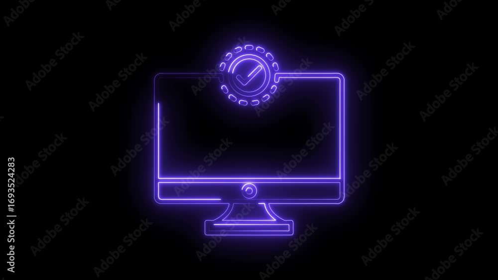 Poster neon computer screen with tick symbol animation for digital validation approval