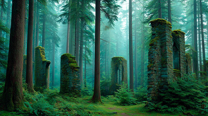 Moss-covered stone pillars from ancient ruins in forest