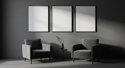 Modern Minimalist Interior Design with Armchairs and Pictures.