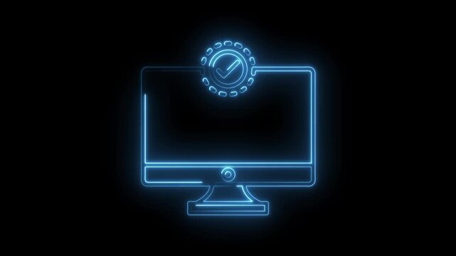 Neon computer with check mark icon represents confirmation and approval process in technology - Powered by Adobe