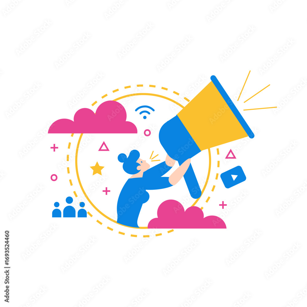 Poster broadcasting.person with megaphone announcing information isolated on transparent background.