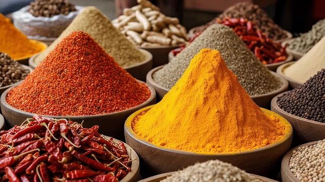 Vibrant Display of Spices in Bowls with Rich Colors and Textures in Soft Lighting Aromatic and Culinary Delights Food Photography