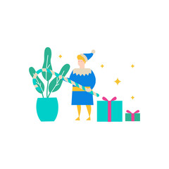 Christmas Elves.Christmas elf with candy cane and gifts isolated on transparent background.