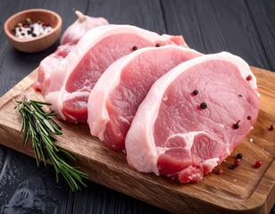 Raw pork chops on a wooden board with herbs and spices