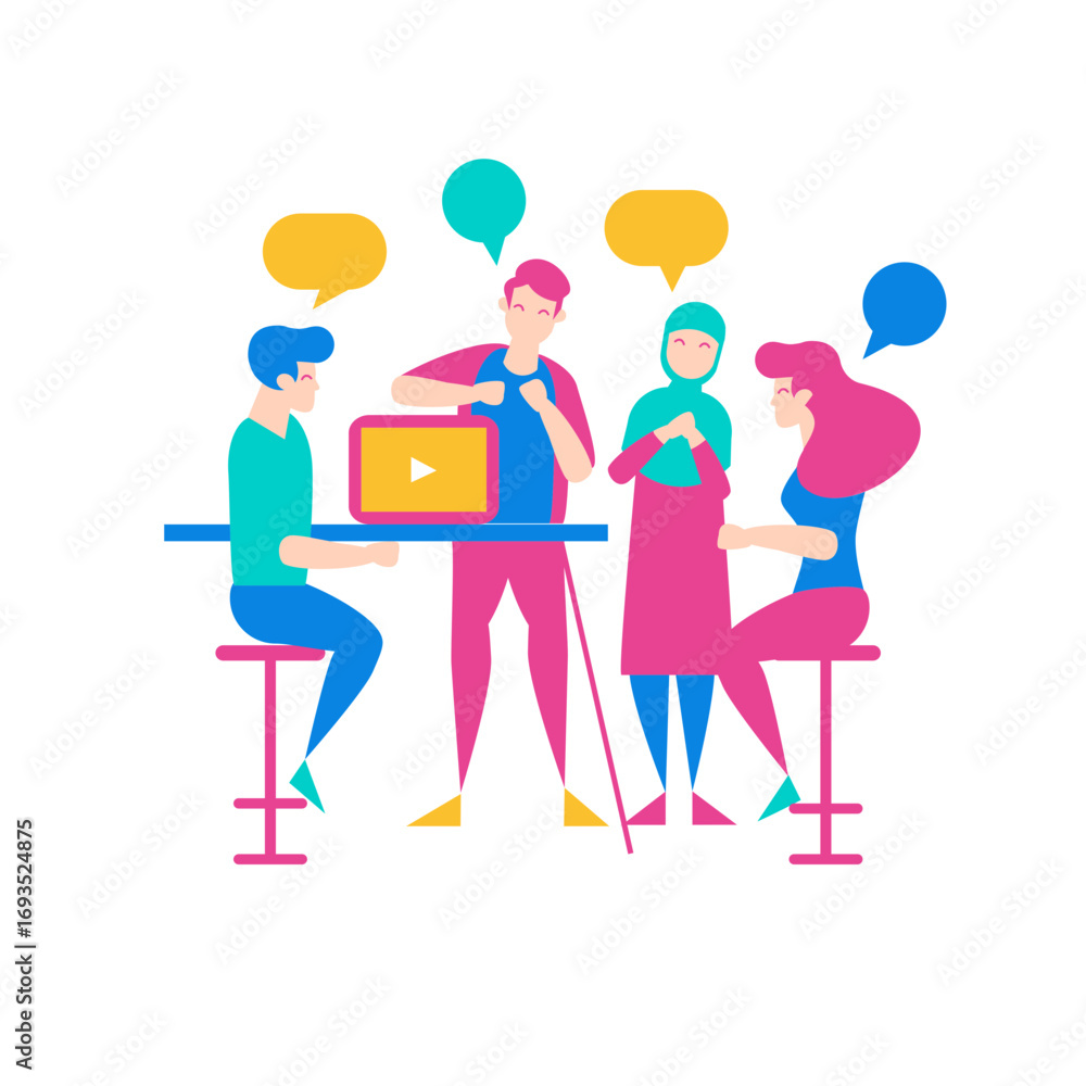 Poster discussion.diverse group of people collaborating and discussing ideas with speech bubbles isolated o