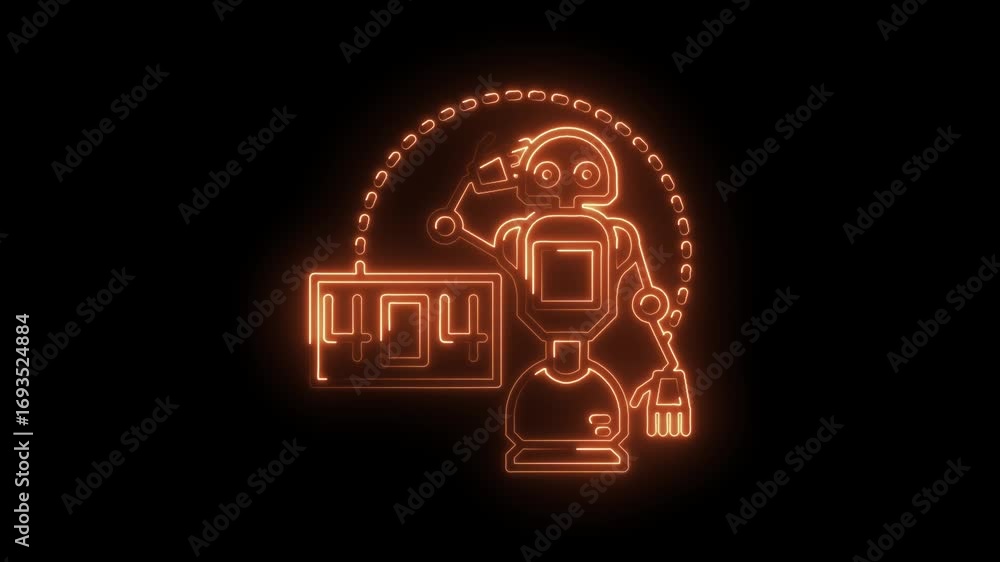 Poster neon robot with error message and chains on a black background conceptual design
