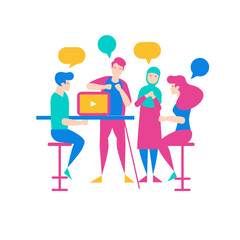 Obraz premium Discussion.Diverse group of people collaborating and discussing ideas with speech bubbles isolated on transparent background.