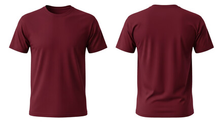 Two views of a plain, burgundy-colored t-shirt isolated on white background.