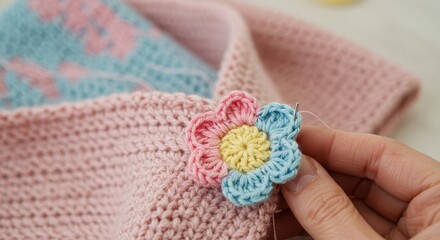 A delicate crochet flower embellishment is being sewn onto a soft, pastel pink knitted garment.