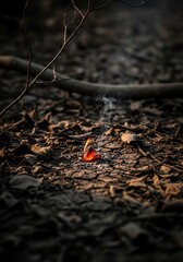 Fototapeta premium Ephemeral ember burning on ground surface displaying intricate texture amidst fading sunlight creating visual contrast