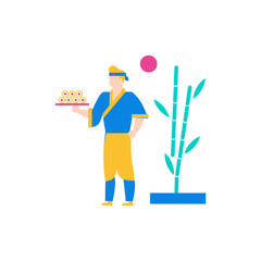 Japanese Chef.Japanese chef serving sushi with bamboo and pink circle isolated on transparent background.