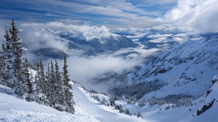 Fototapeta premium Majestic winter landscape of whistler, british columbia featuring snow and cloud covered canadian mountains from blackcomb peak, showcasing a serene alpine nature scene with icy slopes, frosted trees,