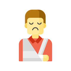 Man with broken arm suffering from hand injury wearing hand splint with an arm sling.