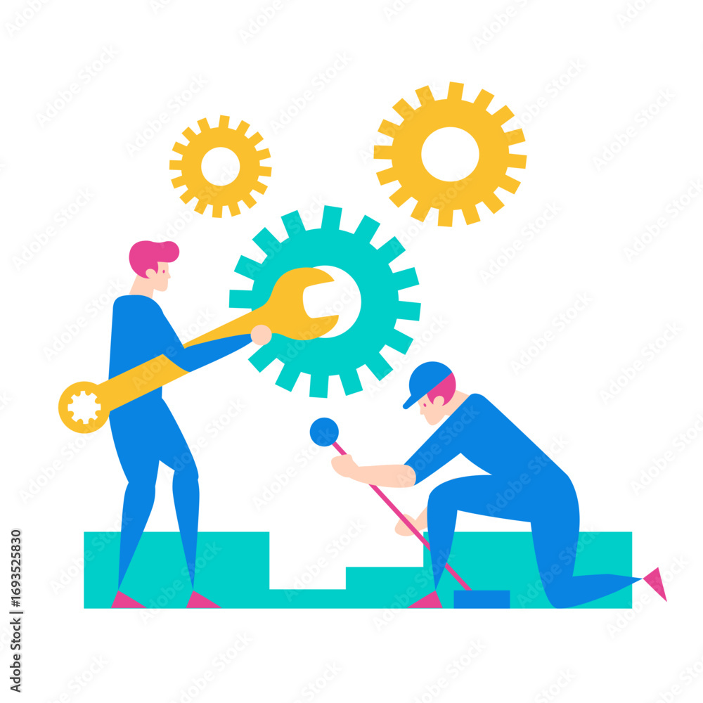 Poster maintenance.two mechanics working together with gears and tools isolated on transparent background.