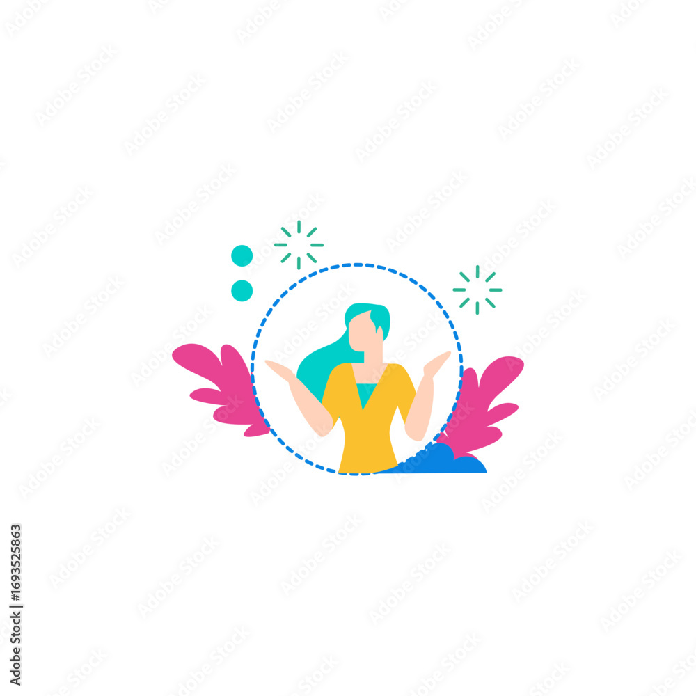 Poster maybe.woman with outstretched hands in a circle with abstract elements isolated on transparent backg