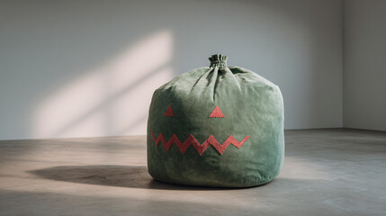 Green Halloween sack with embroidered pumpkin face indoors