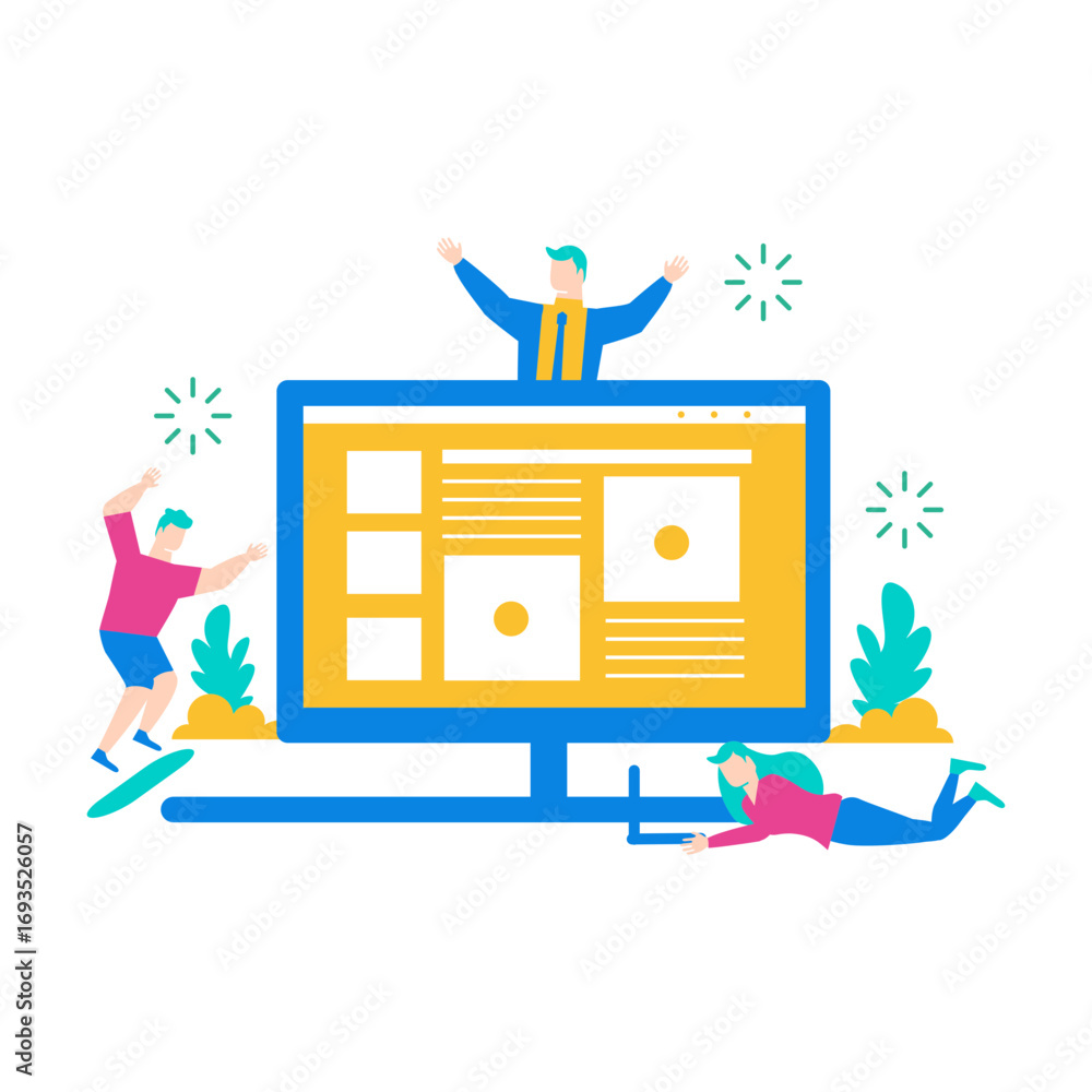 Poster online communities.team celebrating success with a computer screen isolated on transparent backgroun