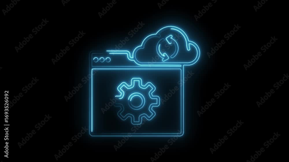 Poster neon cloud computing animation with gear configuration icon on black background concept