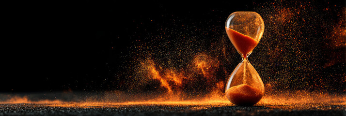 Hourglass with sand flowing creates abstract visual of time and movement, evoking sense of urgency and beauty