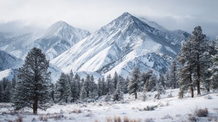 Fototapeta premium Snow covered mountains in winter landscape featuring majestic alpine peaks, frosted forests, and scenic white valleys under a clear cold sky, capturing the tranquil beauty of nature in a serene season